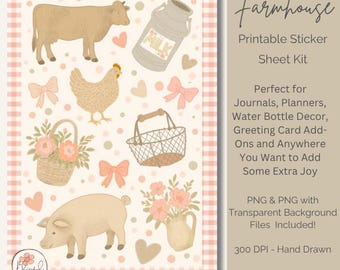 Vintage Farmhouse Sticker Sheet: Hand-Drawn Country Stickers (Printable PNG, 300 DPI)