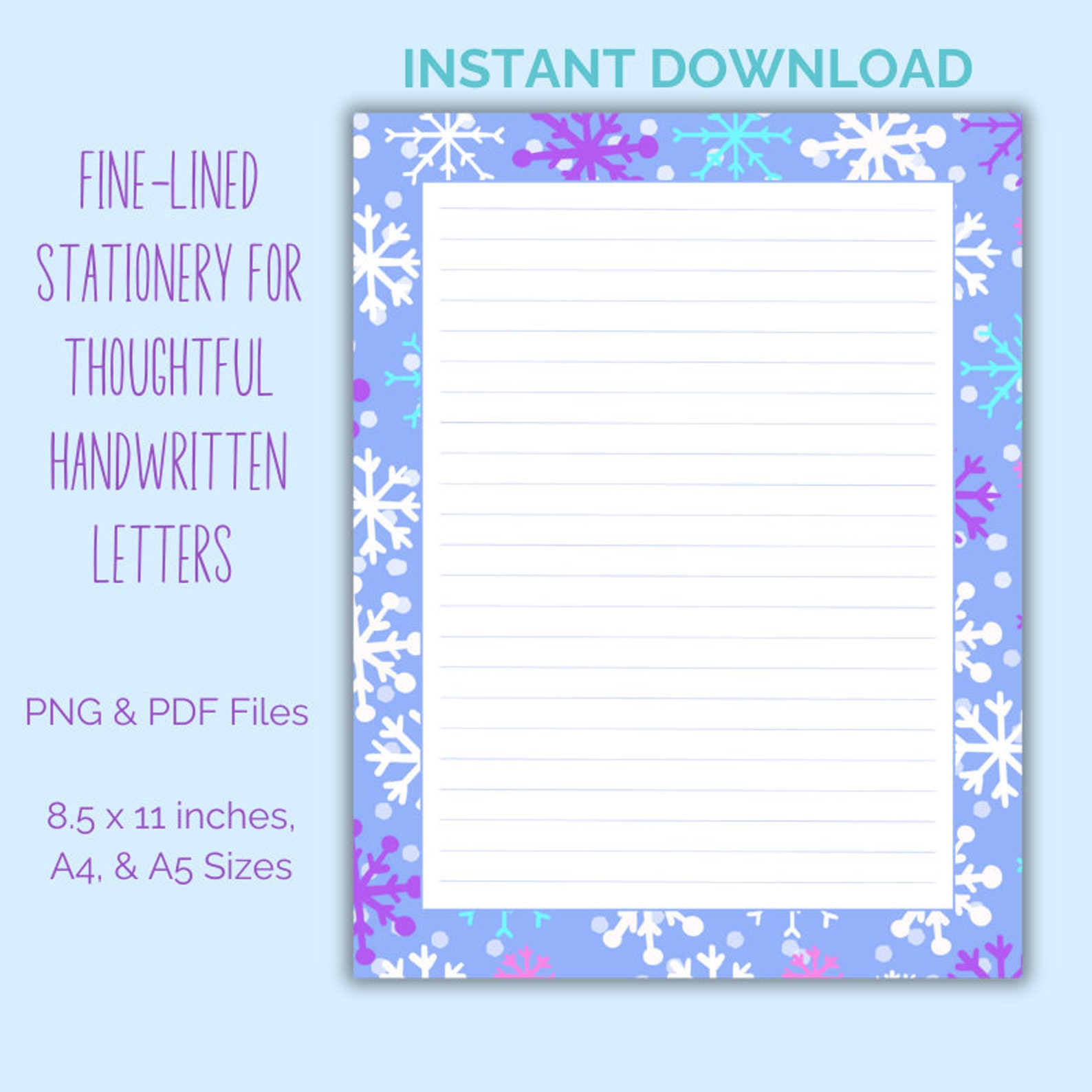 Snowflake Printable Writing Paper Pack - A4, A5, 8.5 X 11 - Lined and ...