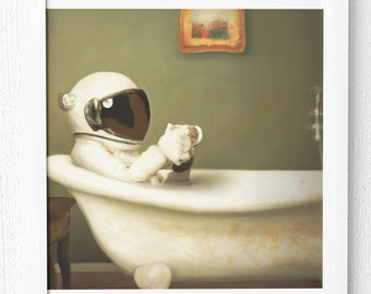 Surreal Astronaut Drinking Coffee in a French Clawfoot Bathtub Print | Digital Art Print | Wall Decor | Retro Art Design | Creative Prints