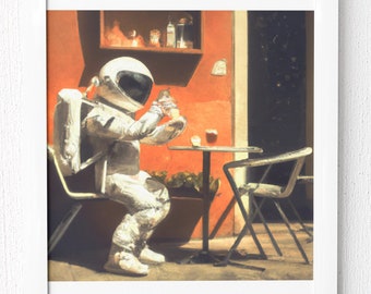 Surreal Astronaut Drinking Coffee on Italian Street Digital Download | Digital Art | Wall Decor | Retro Art Design | Creative Print