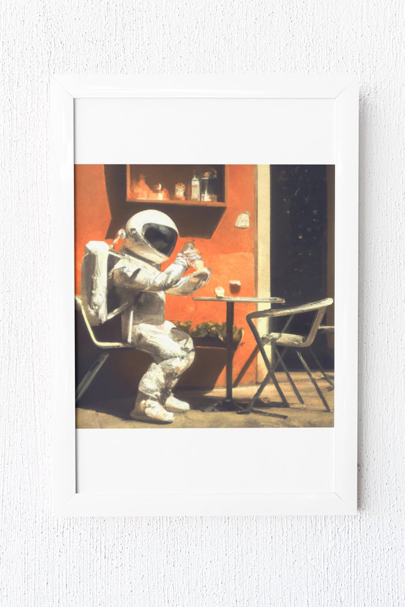 May include: An astronaut wearing a white spacesuit sits at a table outside a cafe, holding a glass of liquid. The cafe has a red wall and a shelf with bottles and glasses.