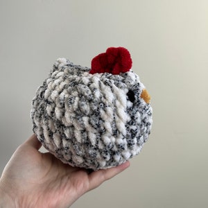 May include: A crocheted chicken toy with a white and gray speckled body, a red pom-pom for a comb, and a yellow beak.