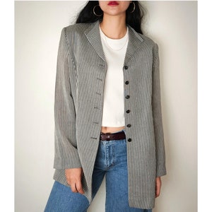 Vintage linen silk side slit black grey stripe blazer women M/ long sleeve shoulder pads jacket/ modern vintage