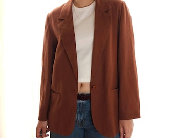 Vintage linen blend one button women blazer brick brown