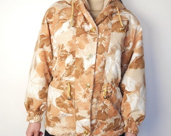 Chaqueta bomber de esquí vintage Ellesse Italia con cremallera completa y estampado floral retro para mujer, talla M, color beige, naranja pastel/chaqueta de nieve de invierno