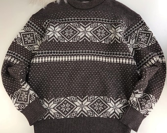 Vintage Nordic heavy wool crewneck sweater men's, women's L dark brown/ fair isle knit pullover, ski jumper