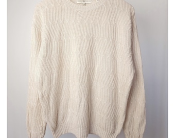 Vintage linen crew neck light knit sweater pullover jumper women's, men's neutral ivory