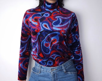 Blusa vintage retro de terciopelo abstracto, top de manga larga con cuello alto, años 80 y 90
