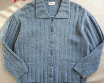 Pull cardigan en laine à col vintage des années 90/ cardigan en tricot à larges côtes/ vert mousse bleu/ cardigan grand-mère