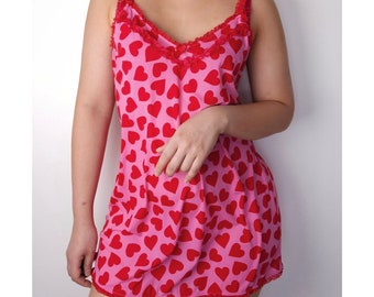 robe slip imprimé coeur rouge rose vintage, robe de nuit en dentelle, pyjama de la Saint-Valentin