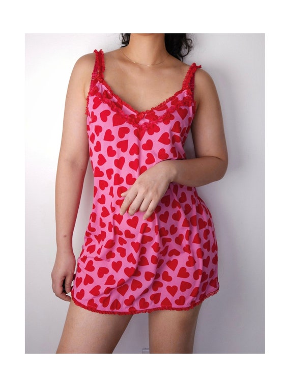 Vintage pink red heart print slip dress, lace trim