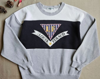 Sweat-shirt à col rond en coton gris Louis feraud vintage des années 90 pour femmes, pull-over avec grand logo