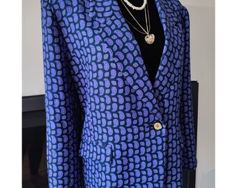 Blazer cachemire bleu marine pourpre unique des années 90 pour femme, veste rétro chic avec boutons dorés