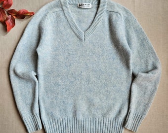 Pull en laine vintage à col en V femme bleu ciel pastel, bleu ciel chiné