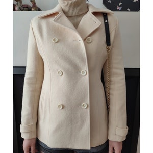 Wool double breasted pea coat women lemon ivory, half coat jacket