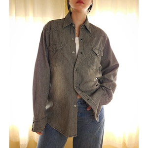 Vintage striped button down casual cotton shirt jacket dark grey/ oversized long sleeve snap button shacket