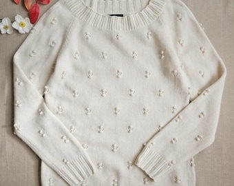 Pull vintage en laine angora pop-corn ivoire blanc crème, haut en maille à pompons Jones new york