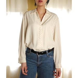 Vintage classic collared cream striped loose fit button down blouse women M/ hidden button neutral