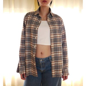 Vintage classic cotton flannel plaid casual button down shirt grey brown/ oversized casual loose fit
