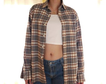 Vintage classic cotton flannel plaid casual button down shirt grey brown/ oversized casual loose fit
