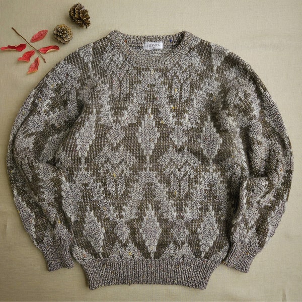 Vintage wool sweater men, women olive brown, khaki grey/ speckle crewneck knitted pullover/ grandpa sweater