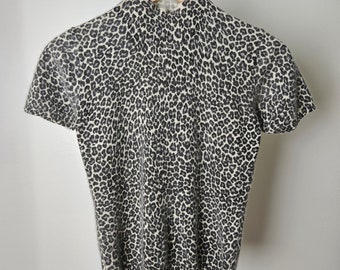 Vintage angora wool mock neck leopard short sleeve knit sweater top