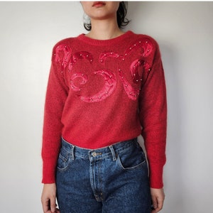 80s vintage red sweater women silk, angora wool/ beaded winter party sweater/ Christmas crewneck knit pullover