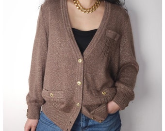 vintage Leilian soie, cardigan en tricot de laine angora pour femme marron cacao/ cardigan brillant à col en V profond/ bouton doré/ coupe classique décontractée