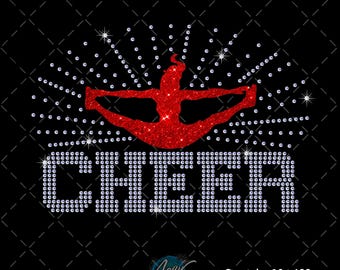 May include: A digital download graphic on a black background. The word "CHEER" is spelled out in white rhinestones. A red cheerleader in a split is above the word. The text "DIGITAL DOWNLOAD ONLY" is at the top.