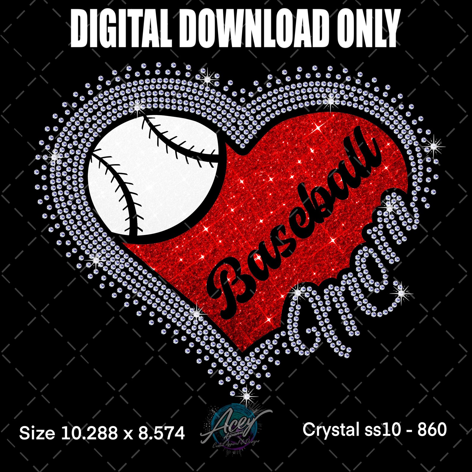 Baseball Mom Rhinestone Template SVG, Heart Scatter Bling Design ...