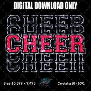 May include: A digital download graphic on a black background. The word "CHEER" is in large, sparkling pink letters, surrounded by the words "CHEER" in a repeating pattern of clear rhinestones. The text "DIGITAL DOWNLOAD ONLY" is at the top.