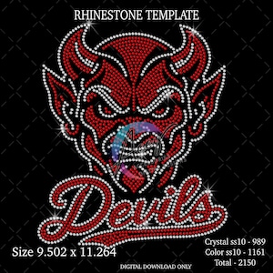 May include: A rhinestone template design featuring a red and clear crystal devil face with horns and the word Devils in script. The text reads RHINESTONE TEMPLATE, Size 9.502 x 11.264, Crystal ss10 - 989, Color ss10 - 1161, Total - 2150, DIGITAL DOWNLOAD ONLY.