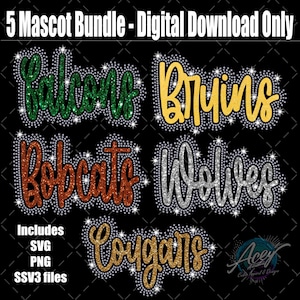 May include: A digital download graphic bundle featuring five mascot names: Falcons, Bruins, Bobcats, Wolves, and Cougars. Each word is in a unique color and style, outlined with sparkling accents. Includes SVG, PNG, and SSV3 files.