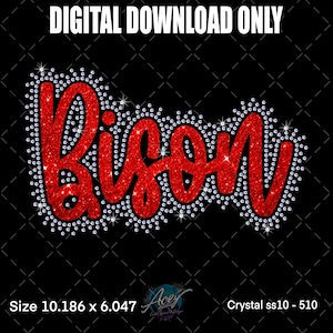 Puede incluir: Gráfico de descarga digital con la palabra "Bison" en purpurina roja, delineada con brillantes pedrería, sobre un fondo negro. El texto "DIGITAL DOWNLOAD ONLY" está en la parte superior.