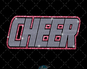 May include: A digital download graphic with the word "CHEER" in a rhinestone-style design. The word is outlined in pink glitter and filled with small, sparkling silver rhinestones. The background is black.