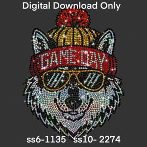 May include: A rhinestone design of a wolf wearing a red and gold knit cap and sunglasses. The text "GAME DAY" is displayed across the forehead. The image is a digital download.