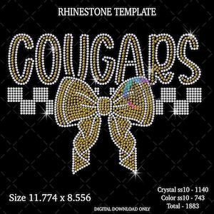 May include: A rhinestone template design on a black background featuring the word COUGARS in gold and white stones above a large gold bow. The design includes a checkered pattern, with text stating Size 11.774 x 8.556, Crystal ss10 - 1140, Color ss10 - 743, and Total - 1883.