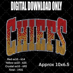 May include: A digital download graphic with the word "CHIEFS" in a rhinestone design. The text is red and yellow, with crystal accents. The image is approximately 10 x 6.5 inches.
