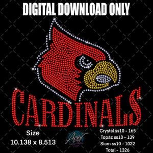 May include: A digital download graphic featuring a cardinal bird design in red and yellow rhinestones, with the word "CARDINALS" in red rhinestones below. The image is on a black background and includes the text "DIGITAL DOWNLOAD ONLY". The design measures 10.138 x 8.513 inches.