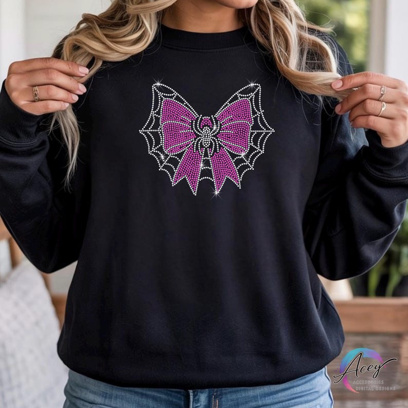 Plantilla de lazo de telaraña con diamantes de imitación / Diseño de lazo de Halloween con diamantes de imitación / Lazo espeluznante SVG / Patrón de diamantes de imitación SS10 imagen 3