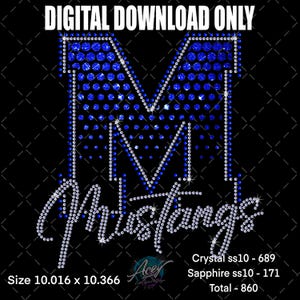 May include: A digital download graphic featuring a large blue letter "M" filled with sparkling rhinestones, outlined in white rhinestones. The word "Mustangs" is written in a cursive font below the letter. The image is on a black background.