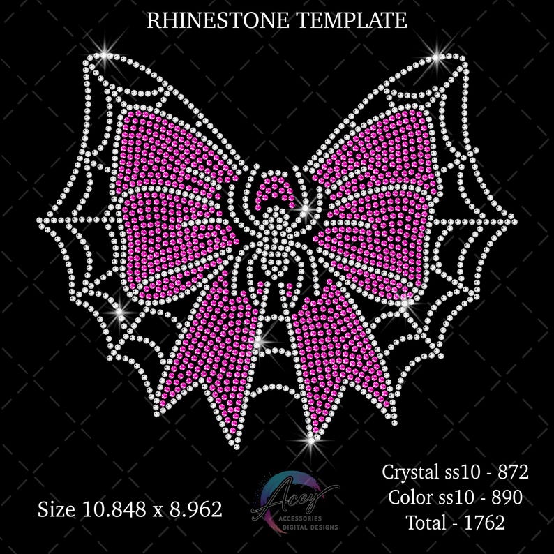 Puede incluir: Un dise&ntilde;o de plantilla de pedrer&iacute;a con un lazo rosa, una ara&ntilde;a central y un patr&oacute;n de telara&ntilde;a. El texto dice RHINESTONE TEMPLATE, Size 10.848 x 8.962, Crystal ss10 - 872, Color ss10 - 890 y Total - 1762 sobre un fondo negro.