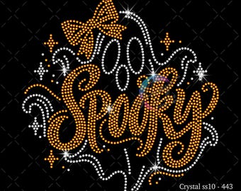 May include: A rhinestone template design featuring the word SPOOKY in orange stones with a ghost and bow graphic in white and orange stones. Text includes RHINESTONE TEMPLATE, Size 10.999 x 11.143, Crystal ss10 - 443, Color ss10 - 1189, Total - 1632.