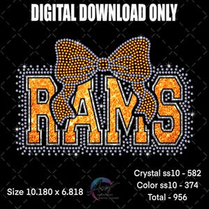 Pode incluir: Gráfico para download digital com a palavra "RAMS" em laranja, delineada com strass prateados. Um grande laço feito de strass dourados fica acima da palavra. O texto "DIGITAL DOWNLOAD ONLY" está no topo.