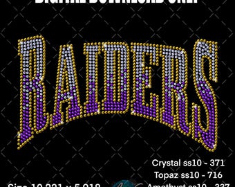 Plantilla de diamantes de imitación de los Raiders, nombre del equipo, diseño deportivo brillante, diamantes de imitación con espíritu escolar, descarga digital