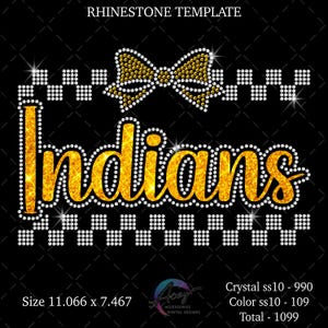 Indians Mascot Rhinestone Design | Checkered Bow Bling Shirt Template (Digital Download)