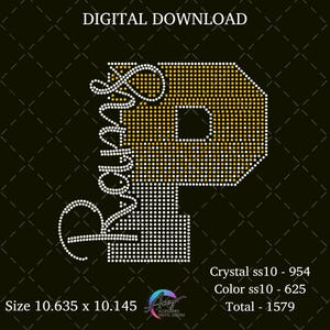 Op de afbeelding: Een digitaal downloadbaar strass-ontwerp met de letter P in goud en wit, met het woord 'Raving' in wit cursief schrift eroverheen. De tekst bevat 'DIGITAL DOWNLOAD', 'Size 10.635 x 10.145', 'Crystal ss10 - 954', 'Color ss10 - 625' en 'Total - 1579'.