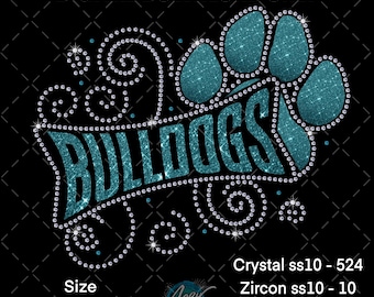 May include: A digital download design on a black background. The design features the word "BULLDOGS" in teal, with a paw print and decorative swirls. The text "DIGITAL DOWNLOAD ONLY" is at the top. The design measures 10.205 x 7.555 inches.