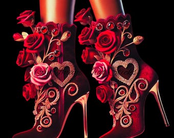 Puede incluir: Un par de botines rojos de tacón alto con detalles dorados y adornos florales. Los botines presentan un diseño de corazón y están adornados con rosas rojas y detalles dorados. Los tacones son de estilo stiletto.