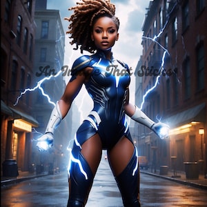 Female Lightening Super Hero PNG, Femme noire super-héros png, téléchargement numérique